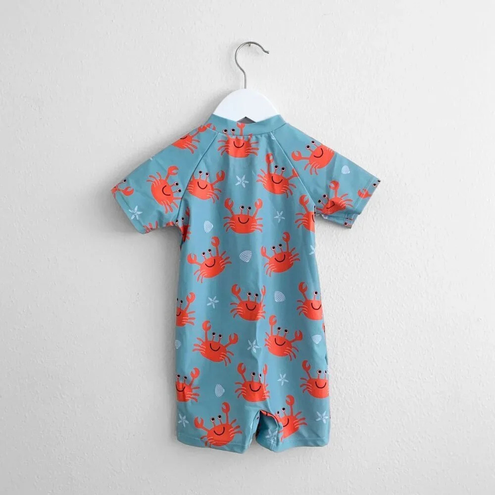 NWT Cute Boys One-Piece Swimsuit ShortSleeve Swimwear Summer Cartoon Crabs 2-3Y - Picture 2 of 3